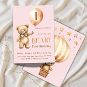 Minimalistischer Bärenrosa Girl Beary 1. Geburtsta Einladung