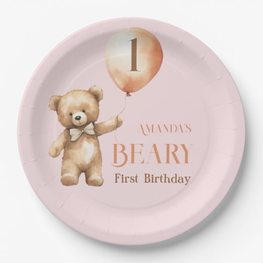 Minimalistischer Bärenrosa Girl Beary 1. Geburtsta Pappteller (Vorderseite)