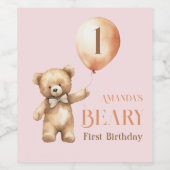 Minimalistischer Bärenrosa Girl Beary 1. Geburtsta Weinetikett (Einzelnes Label)