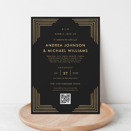 Minimalistischer Black Gold QR Code Hochzeit Einladung