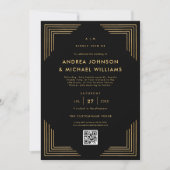 Minimalistischer Black Gold QR Code Hochzeit Einladung (Vorderseite)