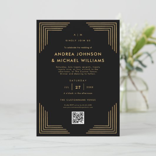 Minimalistischer Black Gold QR Code Hochzeit Einladung (Stehend Vorderseite)