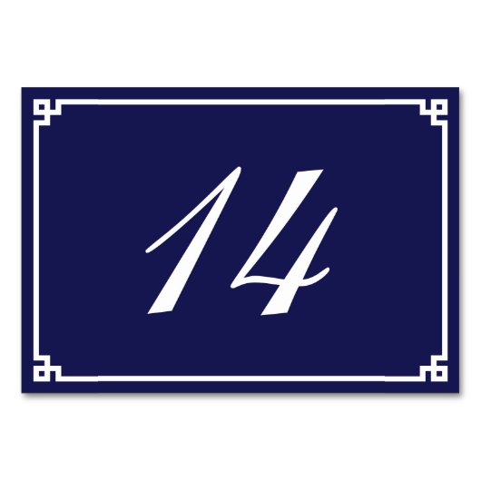 Minimalistischer blau-weißer griechischer Schlüsse Tischnummer (Vorderseite)