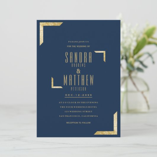 Minimalistischer blaue Glam Goldmedaille Glitzer H Einladung (Stehend Vorderseite)