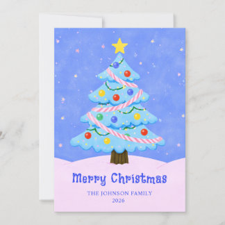 Minimalistischer blauer und rosa Weihnachtsbaum Feiertagskarte
