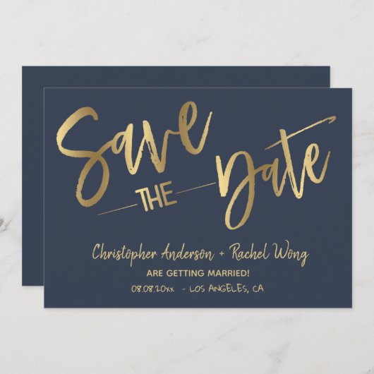 Minimalistischer Blaugoldstreifen Save the Date Einladung (Vorne/Hinten)