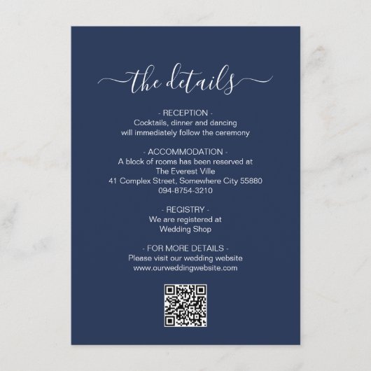 Minimalistischer Blue QR Code Hochzeitdetails Begleitkarte (Vorderseite)