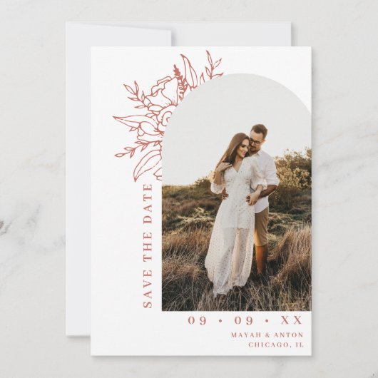 Minimalistischer Blumenstrauch Foto Terracotta auf Save The Date (Vorderseite)