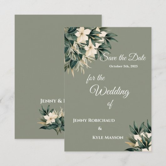 Minimalistischer Blumenstrauß Save the Date grün (Vorne/Hinten)