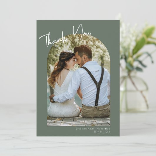 Minimalistischer Bogen Moderne Hochzeit danke Einladung (Stehend Vorderseite)