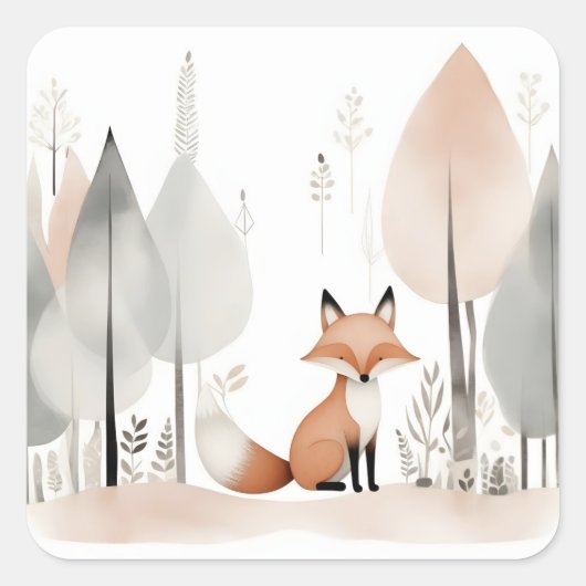 Minimalistischer Boho Niedlich Fox im Wald Quadratischer Aufkleber (Vorderseite)