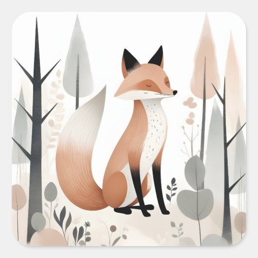 Minimalistischer Boho Niedlich Fox in einem Wald Quadratischer Aufkleber (Vorderseite)