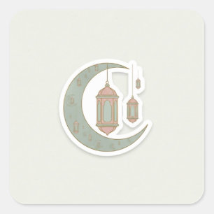 Minimalistischer Boho-Ramadan-Mond- und Laternen-A Quadratischer Aufkleber
