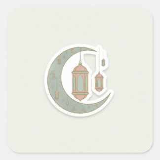 Minimalistischer Boho-Ramadan-Mond- und Laternen-A Quadratischer Aufkleber
