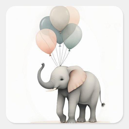 Minimalistischer Boho Style Elephant mit Balloons Quadratischer Aufkleber (Vorderseite)