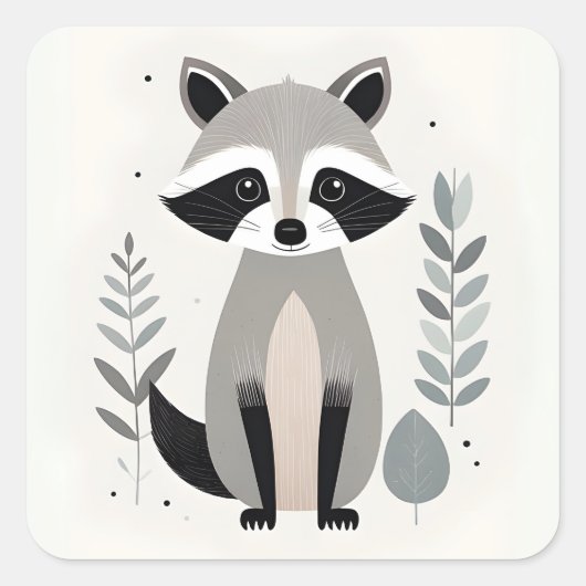 Minimalistischer Boho Sweet Raccoon im Wald Quadratischer Aufkleber (Vorderseite)