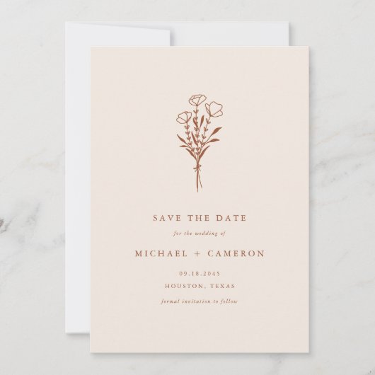 Minimalistischer botanischer Bouquet Terracotta QR Save The Date (Vorderseite)