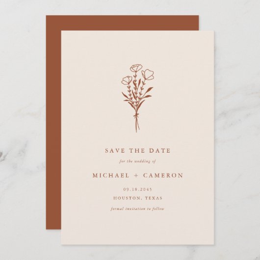 Minimalistischer botanischer Bouquet Terracotta QR Save The Date (Vorne/Hinten)