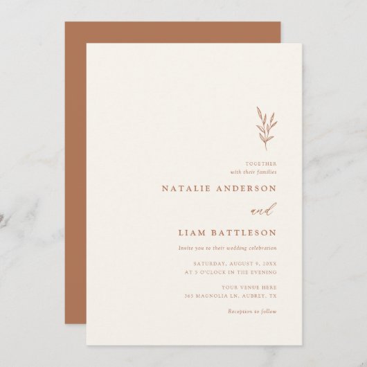 Minimalistischer botanischer Burnt Orange Wedding Einladung (Vorne/Hinten)