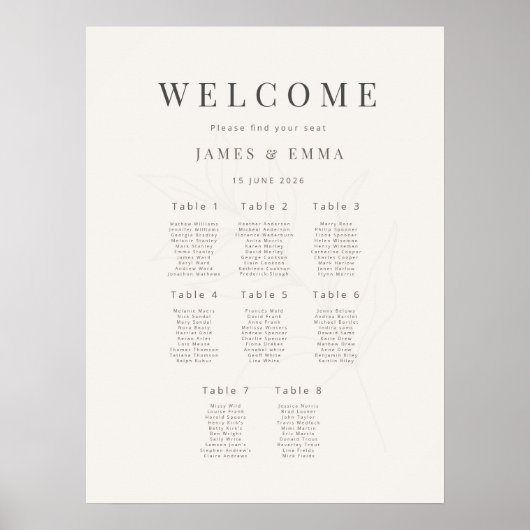 Minimalistischer botanischer Sitzplan(8)Warmweiß Poster (Vorne)