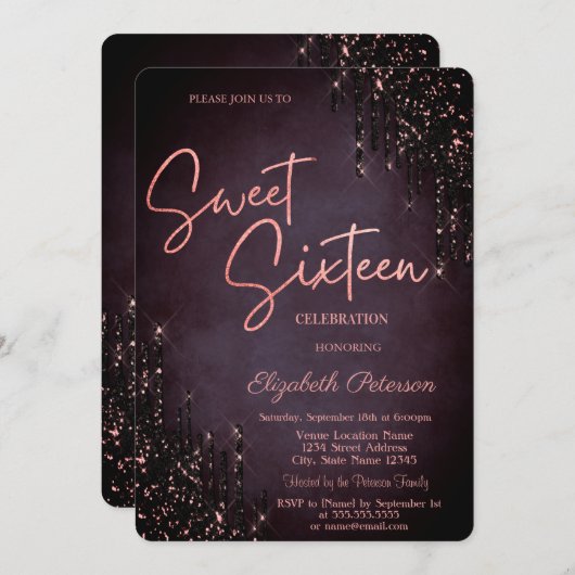 Minimalistischer Burgund Glitzer Tropfen Sweet 16 Einladung (Vorne/Hinten)