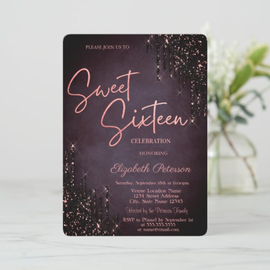Minimalistischer Burgund Glitzer Tropfen Sweet 16 Einladung (Stehend Vorderseite)