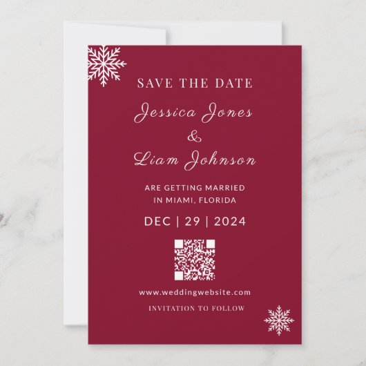 Minimalistischer Burgunder Red Winter Wedding QR C Save The Date (Vorderseite)