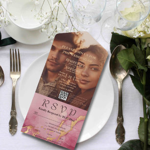 Minimalistischer Burgundi Gold Watercolor Foto QR  All In One Einladung