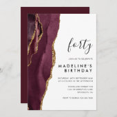 Minimalistischer Burgundy Gold Agate Geode 40. Geb Einladung (Vorne/Hinten)