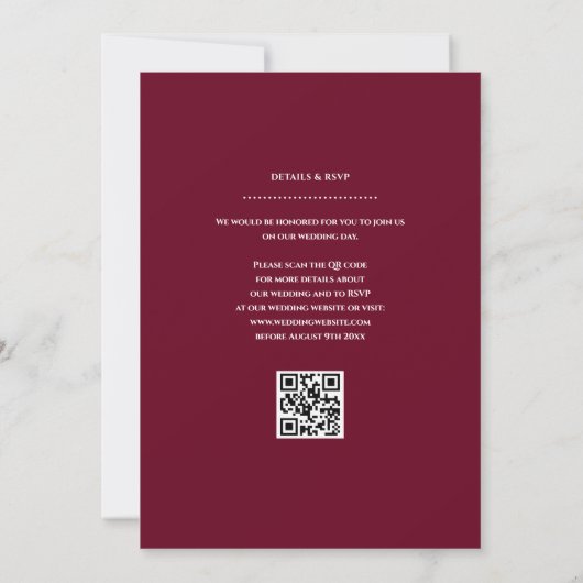 Minimalistischer Burgundy-Hochzeitdatum QR-Code Einladung (Rückseite)