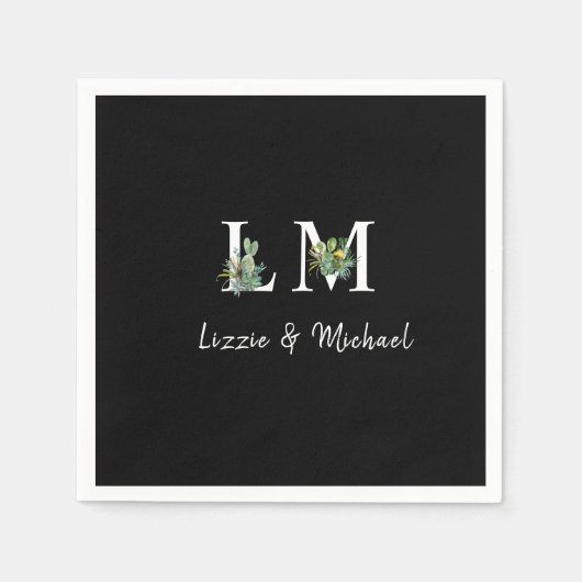 Minimalistischer Cactus Monogram Name Black Cockta Serviette (Vorderseite)