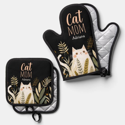 Minimalistischer Cartoon des Niedlichen Katzenname Ofenhandschuh & Topflappen-Set (Vorderseite/Rückseite)