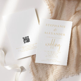 Minimalistischer Champagner Gold QR Code Hochzeit Einladung