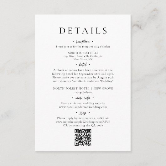 Minimalistischer Chic Script QR Code Hochzeitdetai Begleitkarte (Vorderseite)