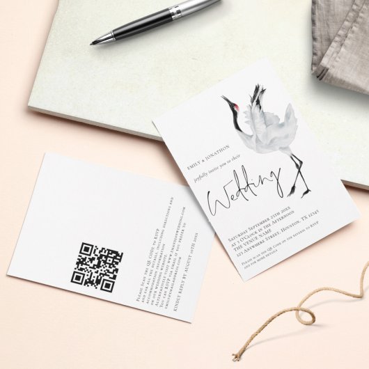 Minimalistischer Crane Bird QR Code Hochzeit Einladung