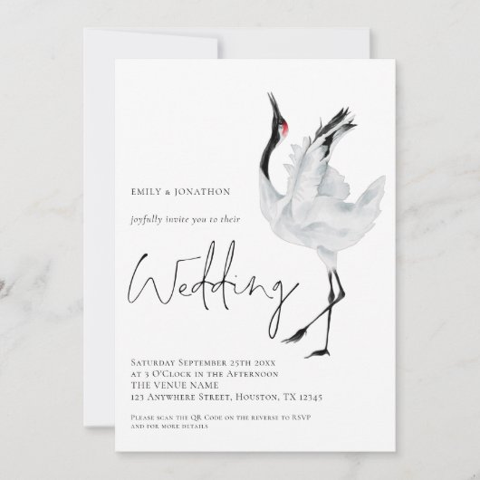 Minimalistischer Crane Bird QR Code Hochzeit Einladung (Vorderseite)