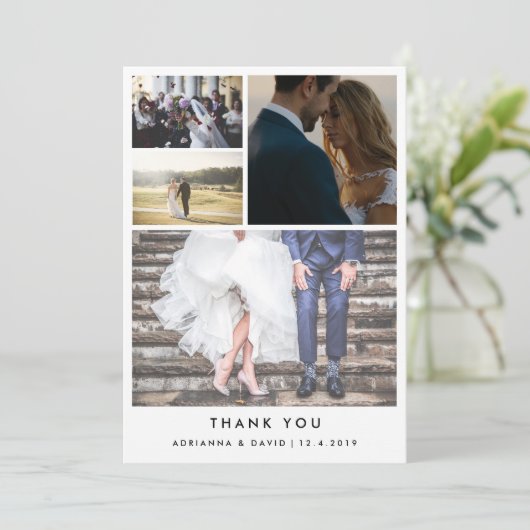 Minimalistischer Dank | Hochzeit mit vier Fotos Dankeskarte (Stehend Vorderseite)
