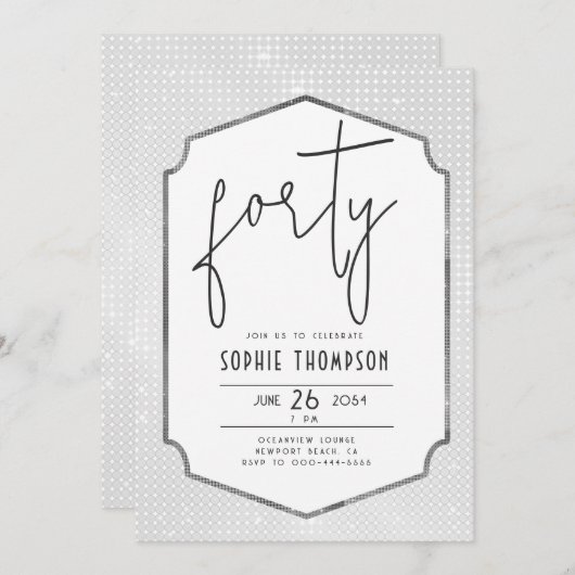 Minimalistischer Deko Schwarz-weiß Sequins 40. Geb Einladung (Vorne/Hinten)