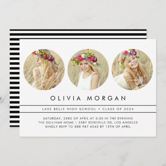 Minimalistischer Drei-Circle Foto Collage Abschlus Einladung (Vorne/Hinten)