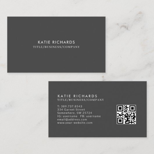 Minimalistischer dunkelgrauer QR-Code Visitenkarte (Vorne/Hinten)