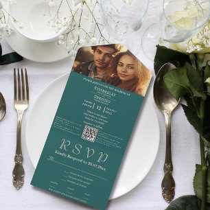 Minimalistischer dunkler Aquamariner Elfenbein-Fot All In One Einladung