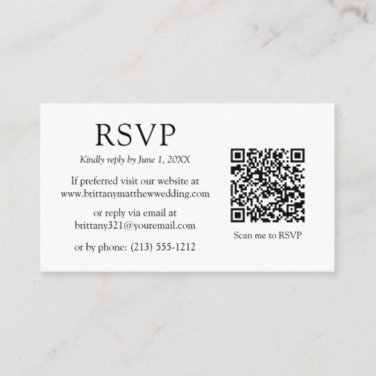 Minimalistischer einfacher QR-Code-Hochzeit-RSVP Begleitkarte (Vorderseite)