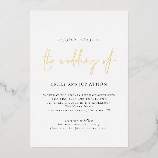 Minimalistischer, eleganter Script QR Code Hochzei Folieneinladung (Vorderseite)