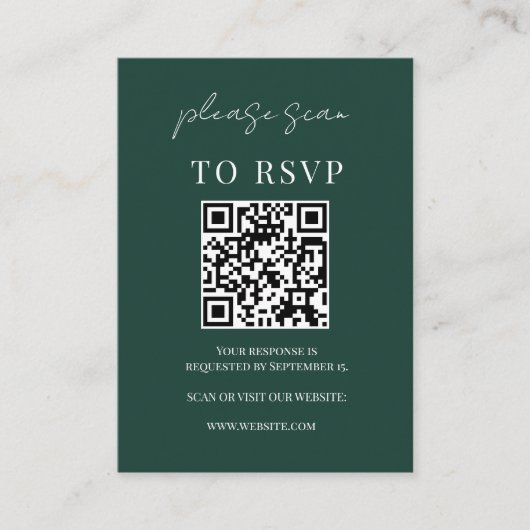 Minimalistischer Emerald Green QR Code Wedding RSV Begleitkarte (Vorderseite)