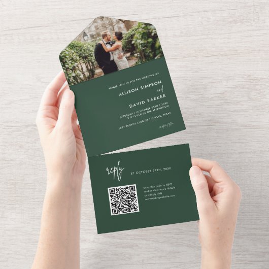 Minimalistischer Emerald Green Wedding QR Code All In One Einladung (Abreißen)