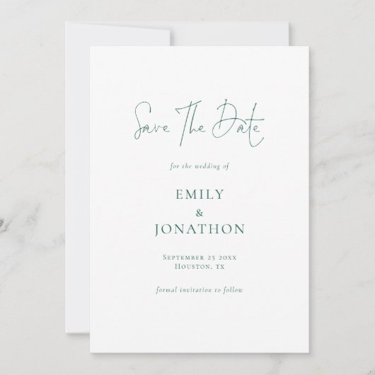 Minimalistischer Emerald Green Writing QR Code Wed Save The Date (Vorderseite)