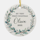 Minimalistischer Eucalyptus Baby First Christmas Keramik Ornament (Vorne)