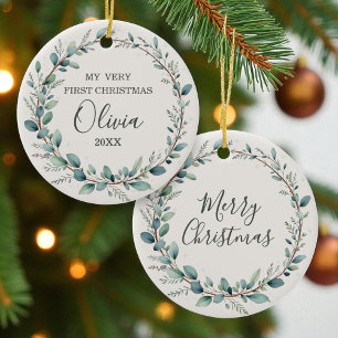 Minimalistischer Eucalyptus Baby First Christmas Keramik Ornament