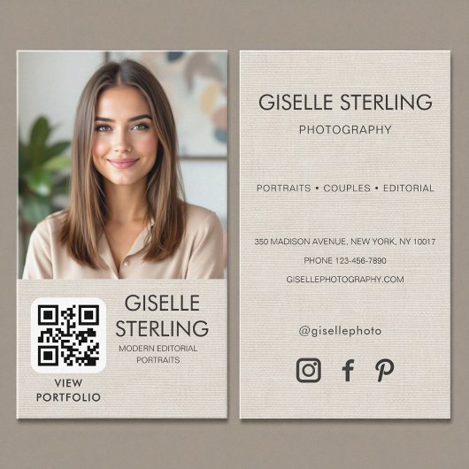 Minimalistischer Fotograf Leinen-Foto-QR-Code  Visitenkarte