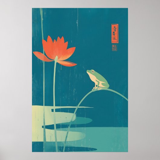 Minimalistischer Frosch & Lotus-Kunstprint Dunkles Poster (Vorne)